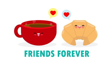 Cute cartoon Happy Cute cup of coffee and croissant, happy Breakfast Funny characters Best friends Concept food and drink with friends forever isolated on white background vector illustrationのイラスト素材