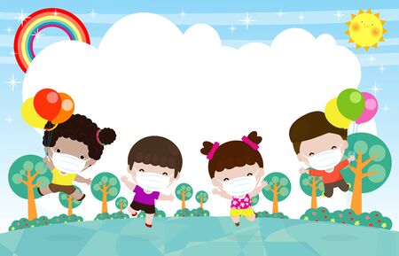 happy Kids Holding balloon jumping at the meadow, children playing Running together, child wear face mask protect corona virus or covid 19, Protect dust PM 2.5. Social distancing isolated on grassのイラスト素材