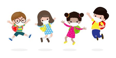 Back to school for new normal lifestyle concept. happy kids jumping wearing face mask protect corona virus or covid 19, group of children and friends go to school isolated on white background Vectorのイラスト素材