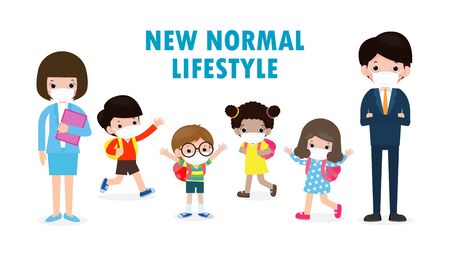 Back to school for new normal lifestyle concept. happy students kids and teachers wearing face mask protect corona virus or covid 19 at the school isolated on white background Vector illustrationのイラスト素材