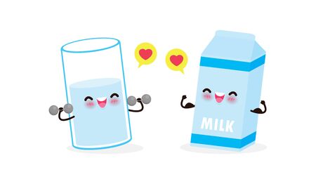 Cute happy milk glass doing exercises with dumbbells and strong boxes of milk show muscle. Eating healthy food and fitness, Funny cartoon character sport concept isolated on white background vectorのイラスト素材
