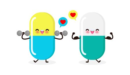 Cute happy medicine doing exercises with dumbbells and strong pill show muscle. Protection Against coronavirus (2019-nCoV) or COVID-19 and Bacteria Healthy lifestyle isolated on white backgroundのイラスト素材