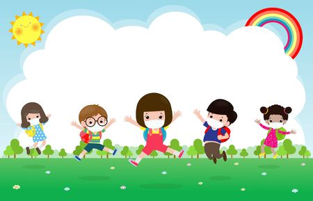 Back to school for new normal lifestyle concept. happy kids wearing face mask and social distancing protect coronavirus covid 19, group of happy Kids jumping on meadow at school isolated on backgroundのイラスト素材