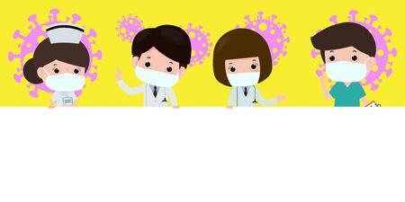 Doctor and nurse holding sign board flat your text here stay at home or social distancing to prevent covid 19, can use for, landing page, template, ui, web, homepage, copy space poster vectorのイラスト素材