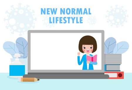 Back to school for new normal lifestyle, Laptop presenting online education during Coronavirus 2019-nCoV or covid-19. stay home and study. e-learning or e-book concept. isolated on background vectorのイラスト素材