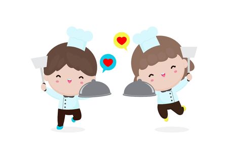 cute kids professional chefs, children Culinary chefs vector illustration isolated on white backgroundのイラスト素材