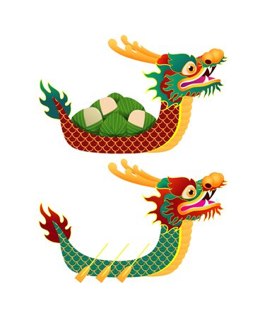 Chinese Dragon boat Race festival with rice dumplings, cute character design Happy Dragon boat festival isolated on background greeting card on white background isolated vector illustration.のイラスト素材