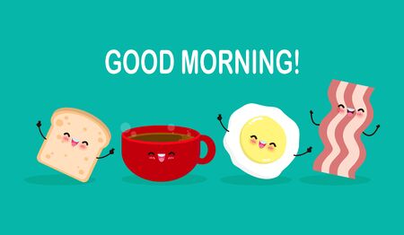 good morning cute cartoon happy coffee cup, Egg, toast, bacon, Breakfast Funny characters Best friends Concept food and drink friends forever poster Isolated on background vector Illustration flatのイラスト素材