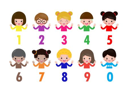 happy children hand showing the number zero one two three four five six Seven eight nine kids showing numbers 0-9 by fingers. Education concept, cute Kids learning material vector illustrationのイラスト素材