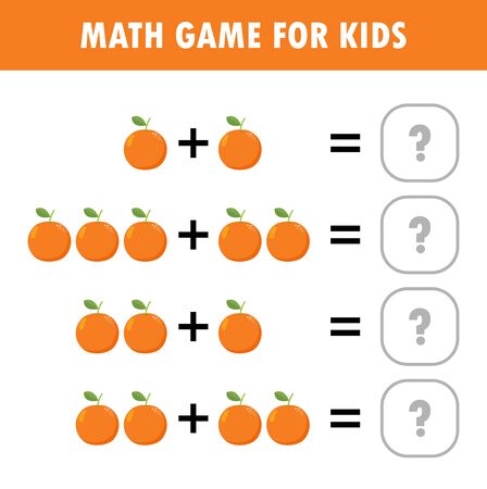 Mathematics educational game for children. Learning counting, addition worksheet for kids. math Addition Subtraction Puzzle fruit orange Trick Question Solve Flat Vector Illustrationのイラスト素材