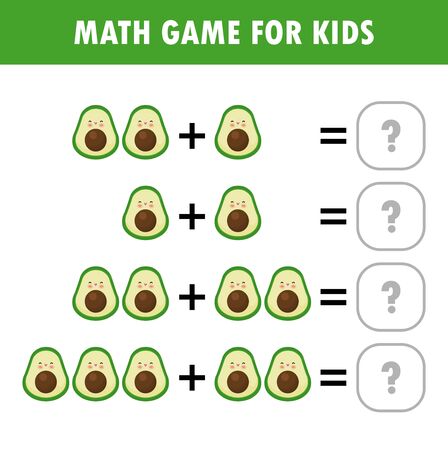 Mathematics educational game for children. Learning counting, addition worksheet for kids. math Addition Subtraction Puzzle fruit avocado Trick Question Solve Flat Vector Illustrationのイラスト素材