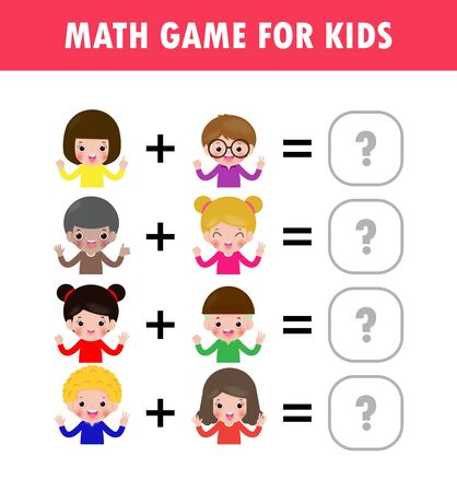 Mathematics educational game for children Learning counting, addition worksheet for kids. math Addition Subtraction Puzzle kids showing numbers by fingers Trick Question Solve Flat Vector Illustrationのイラスト素材