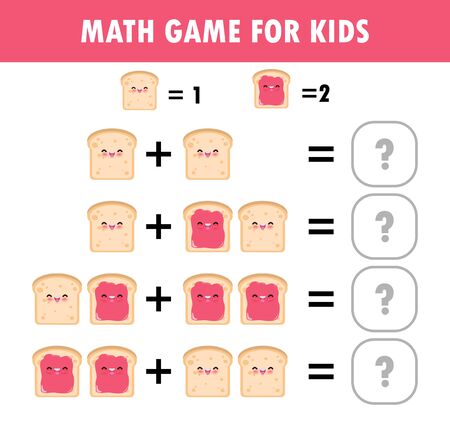 Mathematics educational game for children Learning counting, addition worksheet for kids. math Addition Subtraction Puzzle toast food Funny Breakfast Trick Question Solve Flat Vector Illustrationのイラスト素材