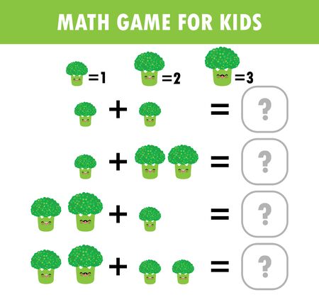 Mathematics educational game for children. Learning counting, addition worksheet for kids. math Addition Subtraction Puzzle broccoli vegetable Trick Question Solve Flat Vector Illustrationのイラスト素材