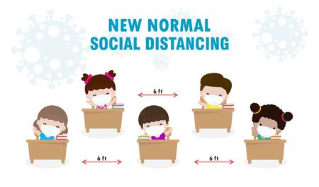 Back to school for new normal lifestyle social distancing in class room Concept, Prevention tips infographic of coronavirus 2019 nCoV.little boy and girl wearing mask Sitting on the desk in classroomのイラスト素材