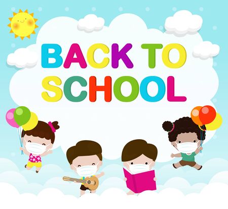 Back to school for new normal lifestyle concept. happy group of kids jump wearing face mask and social distancing protect coronavirus covid 19, children and friends go to school isolated on backgroundのイラスト素材