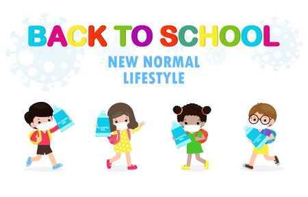 Back to school for new normal lifestyle concept. happy students Cute kids wearing face mask and alcohol gel or Hand wash gel and social distancing protect coronavirus or covid-19 Healthy backgroundのイラスト素材