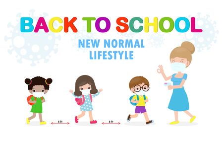 Back to school for new normal lifestyle concept, teacher measures the temperature of a students in a medical mask and social distancing protect protect coronavirus 2019-nCoV Healthy vector backgroundのイラスト素材