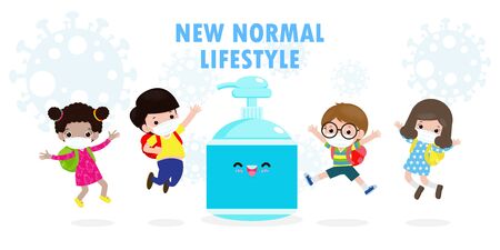 Back to school for new normal lifestyle concept. happy students Cute kids wearing face mask and alcohol gel or Hand wash gel and social distancing protect coronavirus or covid-19 Healthy backgroundの素材 [FY310148879962]