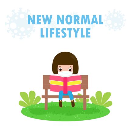 new normal lifestyle concept little cute kids wearing face mask sitting on the bench and reading book on grass stay at home learning for children protect coronavirus 2019 nCoV covid-19 isolated vectorのイラスト素材
