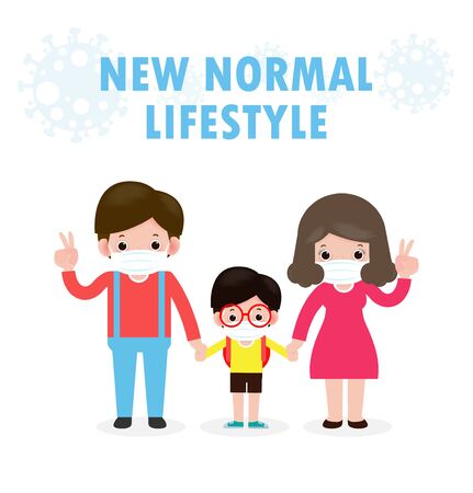 Back to school for new normal lifestyle concept. happy Parents take their children to the school wearing surgical face mask protect coronavirus or covid-19 Healthy isolated on white backgroundのイラスト素材