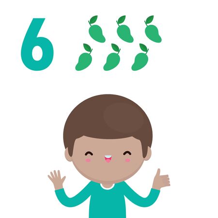 happy children and hand showing the number six, cute kids showing numbers 6 by fingers. little child study math number count fruit Education concept, learning material isolated vector illustrationのイラスト素材