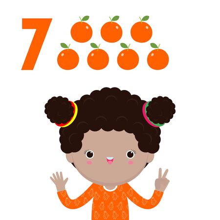 happy children with hand showing the number seven, cute kids showing numbers 7 by fingers. little child study math number count fruit Education concept, learning material isolated vector illustrationのイラスト素材
