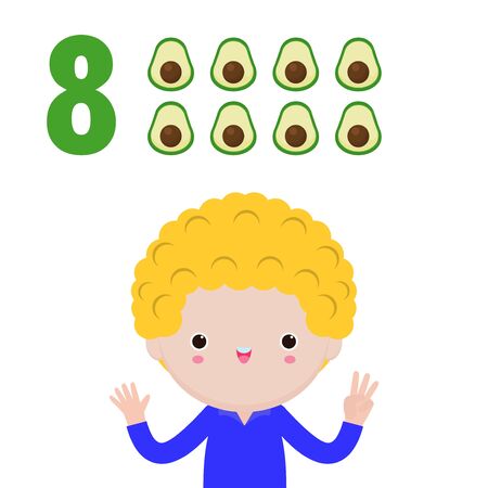happy children and hand showing the number eight, cute kids showing numbers 8 by fingers. little child study math number count fruit Education concept, learning material isolated vector illustrationのイラスト素材