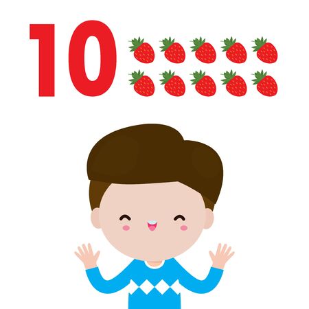 happy children and hand showing the number ten, cute kids showing numbers 10 by fingers. little child study math number count fruit Education concept, learning material isolated vector illustrationのイラスト素材