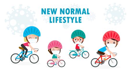new normal lifestyle concept happy cute diverse family riding bikes wearing medical masks during Coronavirus or covid-19 Social distancing Sport family Vector illustration isolated on white backgroundのイラスト素材