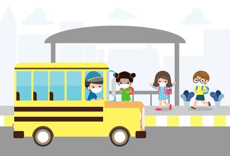 new normal lifestyle concept Back to school, happy cute diverse Kids and Different nationalities wearing medical masks at the bus stop during Coronavirus or covid-19. Social distancing, outbreakのイラスト素材