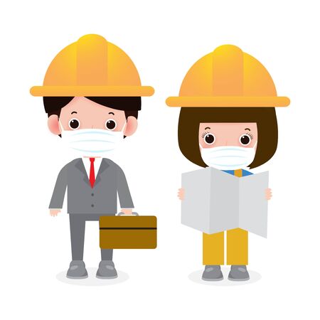 new normal lifestyle concept. Technician engineers and mechanics wearing face mask protect coronavirus covid-19, isolated on white background vector illustrationのイラスト素材
