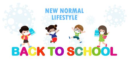 Back to school for new normal lifestyle concept. happy group of kids wearing face mask and social distancing protect coronavirus covid 19, children and friends go to school isolated on backgroundのイラスト素材