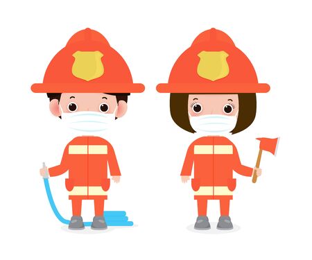 new normal lifestyle concept. Happy Profession Firefighter wearing face mask protect coronavirus covid-19, Profession Firefighter with Fire safety equipment isolated on white background vectorのイラスト素材