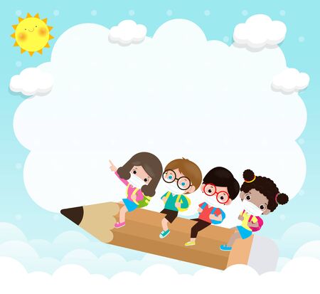 Back to school for new normal lifestyle concept. happy group kids wearing face mask and social distancing protect coronavirus covid-19, poster of children riding on big pencil flying at school vectorのイラスト素材