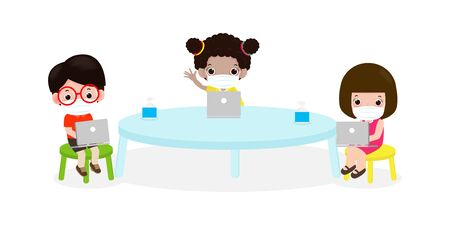 Back to school for new normal lifestyle social distancing in class room Concept, Prevention tips infographic  coronavirus 2019 nCoV. little kids and laptop and tablet pc and wearing mask in classroomのイラスト素材