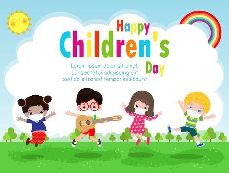 happy children day for new normal lifestyle concept Template for advertising brochure or poster flyer, group cute kids wearing a surgical protective Medical mask for prevent coronavirus or Covid-19のイラスト素材