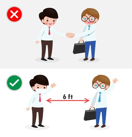 business people with Right and Wrong ways and Prevention tips of coronavirus 2019 nCoV. no handshake and Social Distancing, safe greeting no handshake no hands contact isolated on white backgroundのイラスト素材