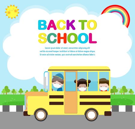 Back to school for new normal lifestyle concept. happy cute kids wearing face mask and social distancing protect coronavirus covid 19 on school bus, children and friends go to school isolated vectorのイラスト素材