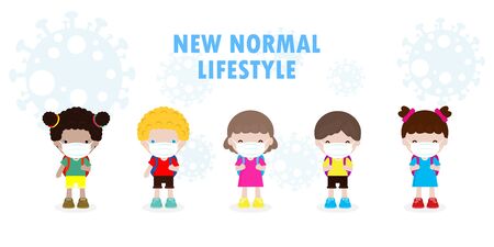 Back to school for new normal lifestyle concept. happy group diverse kids and different nationalities wearing face mask protect corona virus or covid 19, children and friends at school isolatedのイラスト素材