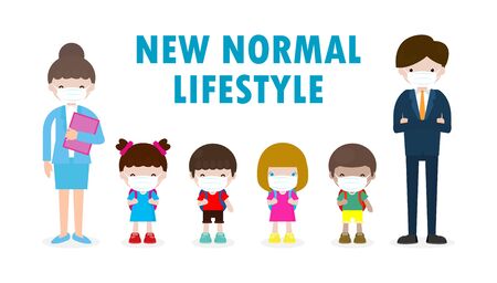 Back to school for new normal lifestyle concept. happy students kids and teachers wearing face mask protect corona virus or covid 19 at the school isolated on white background Vector illustrationのイラスト素材