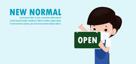 new normal lifestyle concept, Store shop is open business, man hanging open or welcome sign shop and wearing face mask  protect coronavirus or covid-19 outbreak on background vector illustration.のイラスト素材
