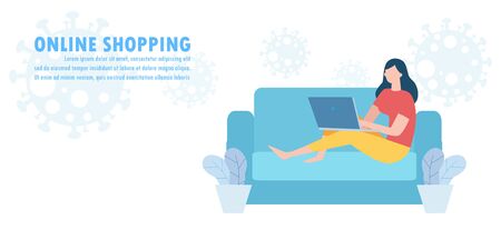 new normal lifestyle concept, Online shopping on website and social media, Ecommerce on mobile application Social distance effect of coronavirus covid-19 outbreak Shop and store vector illustration.のイラスト素材