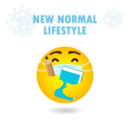 Back to school for new normal lifestyle concept. emoji emoticon wearing face mask hugging pencil and treatise, protect coronavirus 2019 nCoV or covid-19, Yellow cartoon emotion vector illustrationのイラスト素材
