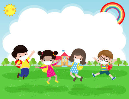 Back to school for new normal lifestyle concept. happy group kids wearing face mask and social distancing protect coronavirus covid-19 jumping on meadow at school in summer day isolated on backgroundのイラスト素材