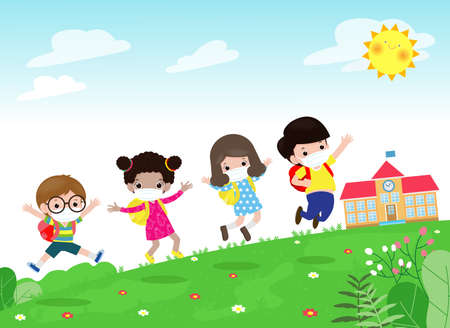 Back to school for new normal lifestyle concept. happy group kids wearing face mask and social distancing protect coronavirus covid-19 jumping on meadow at school in summer day isolated on backgroundのイラスト素材