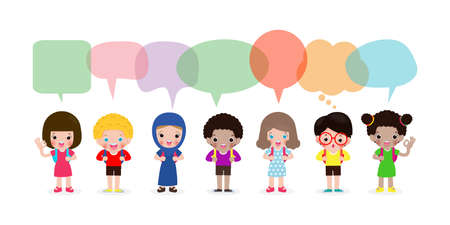 Cute kids with speech bubbles, Set of diverse Kids and Different nationalities with speech bubbles isolated on white background, Kids go to school with speech balloon, back to school, Vectorのイラスト素材