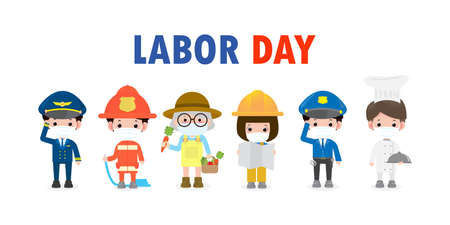 Happy Labor Day for new normal lifestyle concept, People Of Different Occupations wearing face mask protect coronavirus covid-19 poster isolated on white background Vector illustrationのイラスト素材