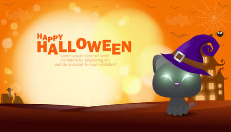 Happy halloween poster, black cat under the moonlight, halloween banner, halloween trick or Treating background, Template for advertising brochure, greeting card Vector Illustration.のイラスト素材