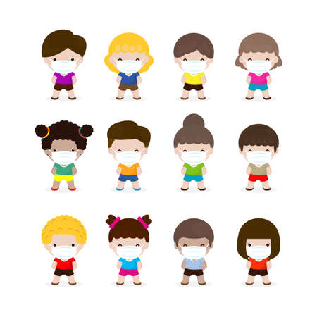 new normal lifestyle concept, Coronavirus 2019-nCoV or Covid-19 disease prevention concept with big group of cute kids boy and girl wearing face mask isolated on white background vector illustrationのイラスト素材